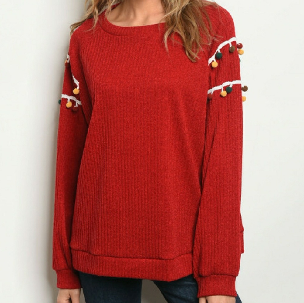 Red Knit Ribbed Pom Pom Sweater - Picture 1 of 2